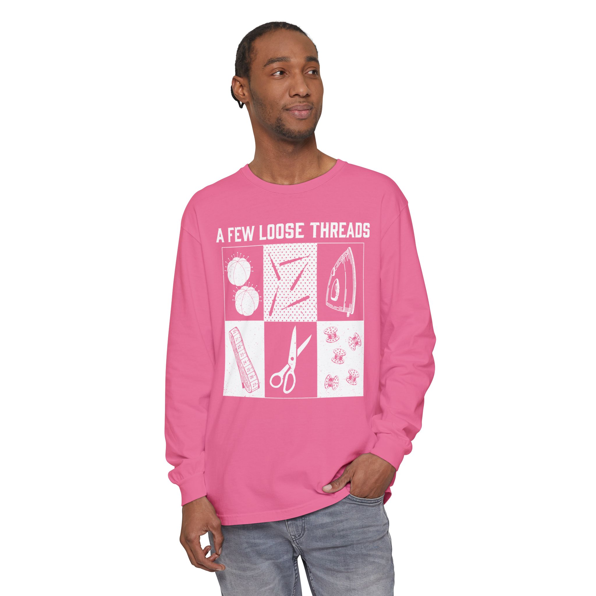 Grunge Sewing Icons Long Sleeve Shirt - Image 31